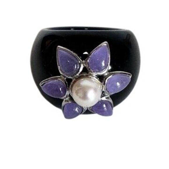 Sterling Silver 925 Onyx Statement Ring w/ Floral Pearl & Amethyst Cabochons  7 - Picture 2 of 13